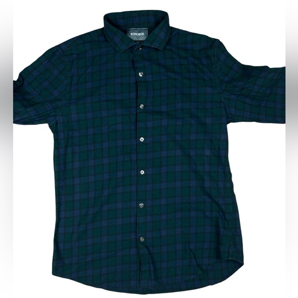 Bonobos Flannel Plaid Shirt Mens Medium Slim Fit Blue Green Outdoors 100% Cotton - Picture 4 of 10